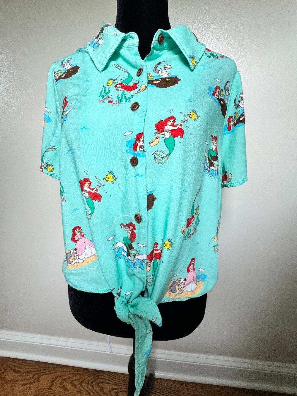 Disney Princess Ariel Little Mermaid XL Aqua Rayon Tie Front Button Up Blouse